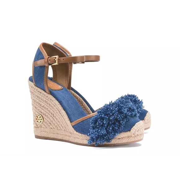 Tory Burch Shaw Denim Wedge Espadrilles Sandals Blue Size 9 - Picture 4 of 5